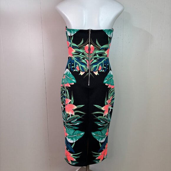 Express Bodycon Dress 4 Strapless Black Tropical Floral Stretch Knee-Length - Picture 5 of 11